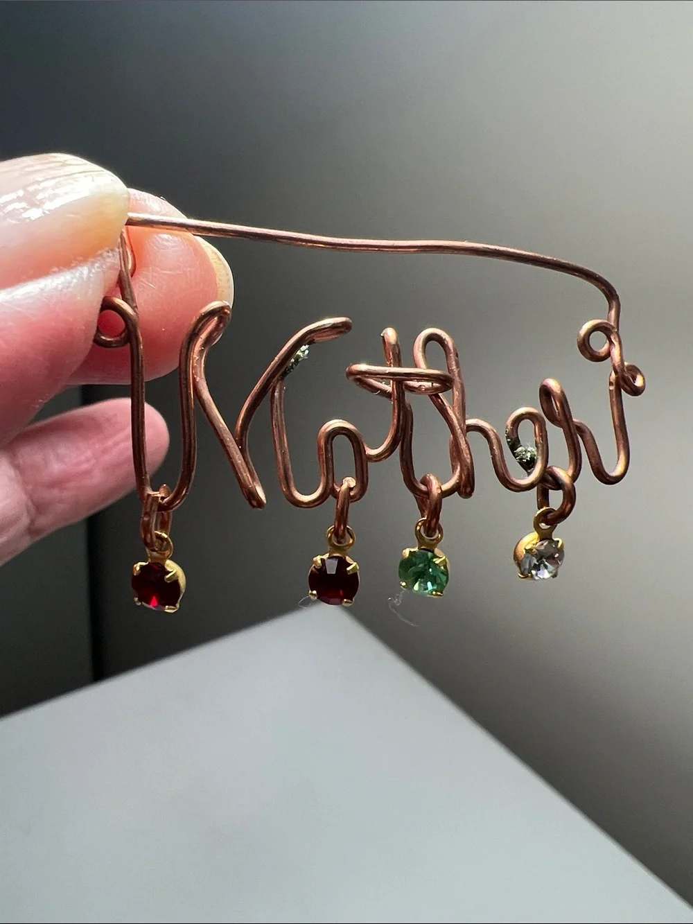 Vintage Copper 'Mother' Wire Brooch Pin with Colored Crystal Drops